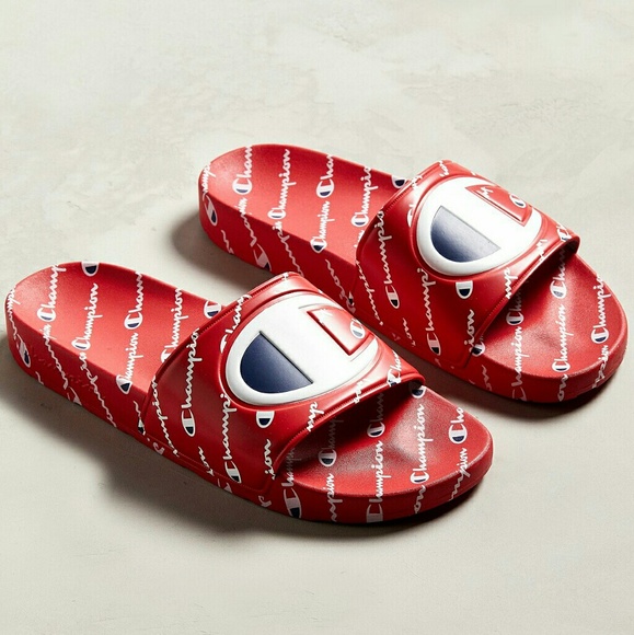 champion men's slide sandals repeating logo